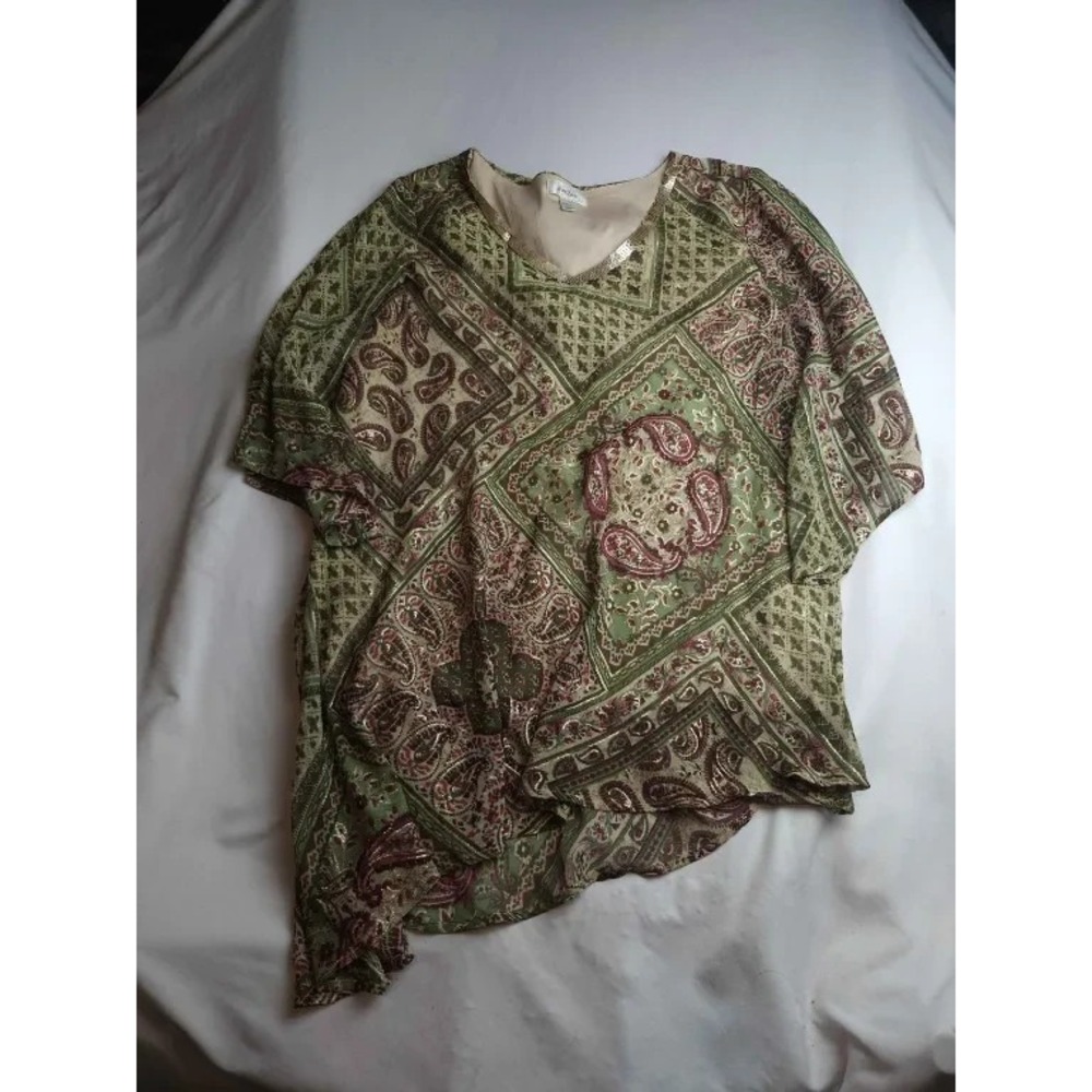 Dressbarn Tunic Top Womens Size 2X Green Paisley Sequin Metallic Knit Asymmetric